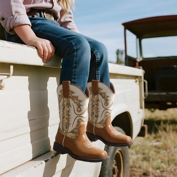 ⚡Girls Camel Cowboy Boots Toddler Mid Calf Western Square Toe Riding Boot - Picture 6 of 6